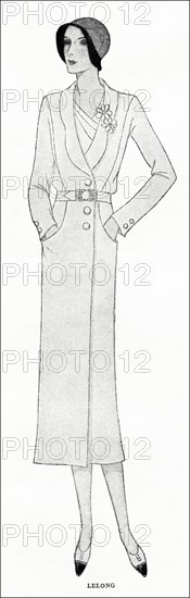 Original 1930s magazine illustration of Paris summer fashion Belted topcoat in white cheviot and patch pocketed by designer Lelong