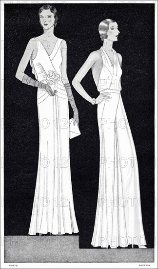 Original 1930s magazine illustration of Paris summer fashion. (left) Formal evening gown of crepe romaine in pale pistache green with pale pink roses at the waist by designer Worth. (right) Formal evening gown of off-white satin by designer Bruyere.