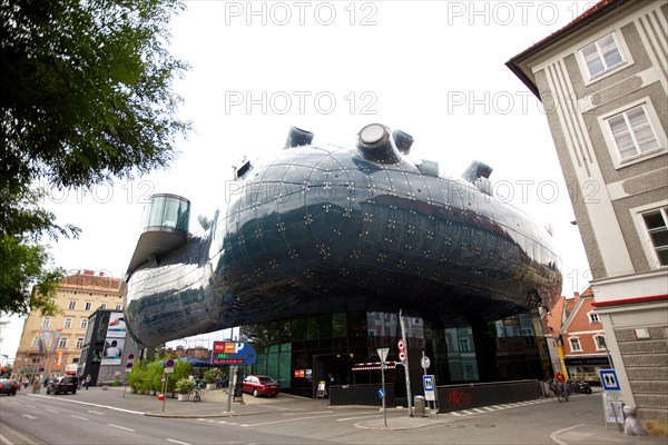 The Kunsthaus Graz, or "Friendly Alien" gallery in Graz, Austria houses galleries, cafes and a media center.