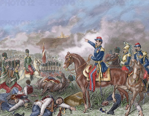 Second Italian war of Independence. Napoleon III in the Battle of Solferino. (June 24, 1859). Colored engraving, 1881.