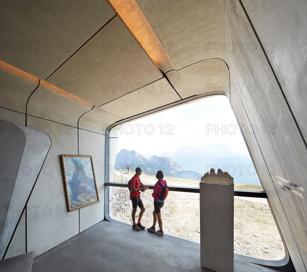 Interior exhibition space with picture window. Messner Mountain Museum Corones, Mount Kronplatz, Italy. Architect: Zaha Hadid Ar