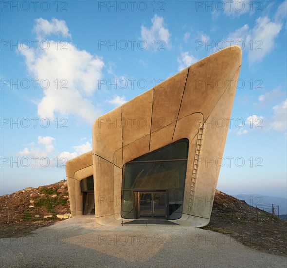 Mountain Museum entrance. Messner Mountain Museum Corones, Mount Kronplatz, Italy. Architect: Zaha Hadid Architects, 2015.