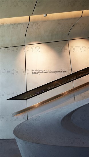 Interior detail with balustrade. Messner Mountain Museum Corones, Mount Kronplatz, Italy. Architect: Zaha Hadid Architects, 2015