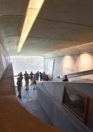 Interior exhibition space with picture window. Messner Mountain Museum Corones, Mount Kronplatz, Italy. Architect: Zaha Hadid Ar