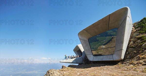 Elevation of picture window and viewing balcony. Messner Mountain Museum Corones, Mount Kronplatz, Italy. Architect: Zaha Hadid