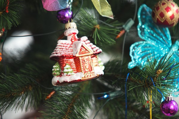 Christmas tree and christmas decorations close up photo.