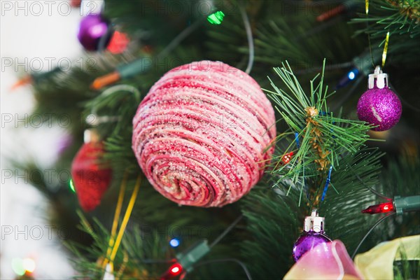 Christmas tree and christmas decorations close up photo.