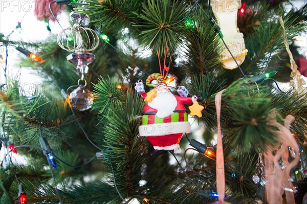 Christmas tree and christmas decorations close up photo.