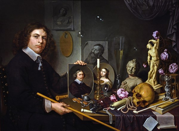 Vanitas still life with a self portrait 1651 of the young painter David Bailly  1584 - 1657 Dutch Netherlands ( Vanitas is a category of symbolic works of art, especially those associated with the still-life paintings of the 16th and 17th centuries in Flanders and the Netherlands. )
