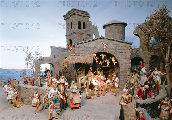 Creche, adoration the shepherds Naples, 18th century Christmas, yule tide, Still life, decoration, manger, nativity figurines, in Italian, Neapolitan, cradle exhibit, Germany, Bavaria, Munich, Bavarian national museum