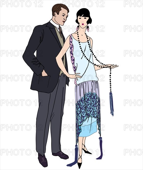 Couple on party. Man and woman in cocktail dress in vintage style 1920's. Portrait of an attractive flapper girl with her boyfriend. Retro fashion vec