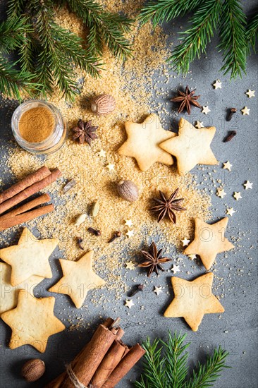 Christmas spices, gingerbread cookies and baking ingredients on grey concrete background. Cinnamon, anise stars, nutmeg, cardamon, cloves, brown sugar