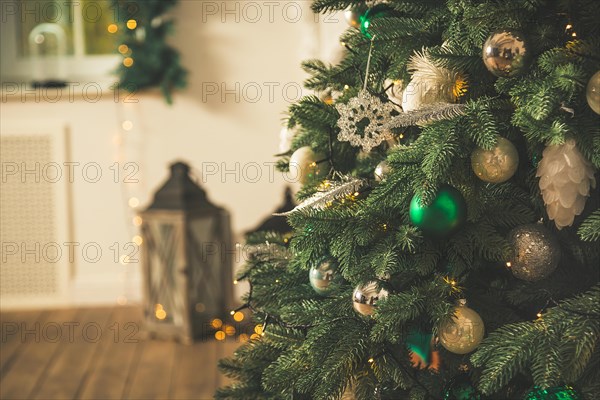 Christmas tree in Christmas living room. Beautiful New Year decorated classic home interior. Winter background