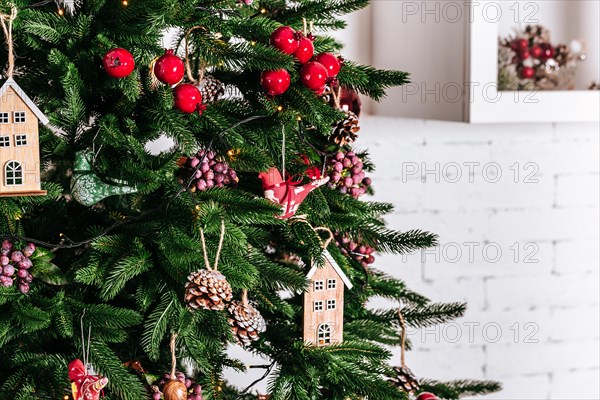 Christmas tree in Christmas living room. Beautiful New Year decorated classic home interior. Winter background