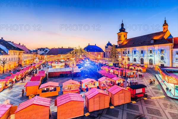 Sibiu, Romania. Panoramic view of the Christmas Market. Transylvania, Romania.