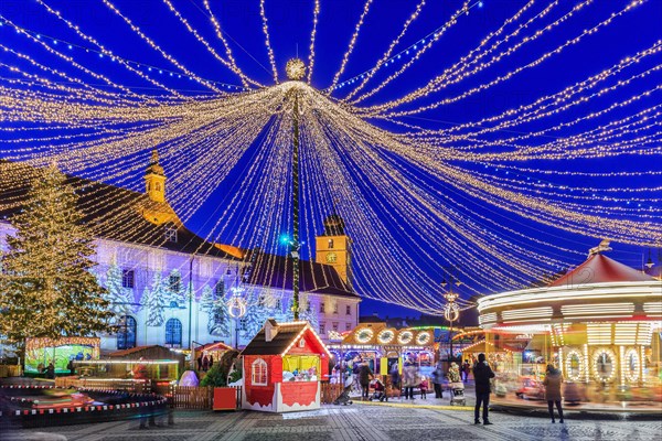 Sibiu, Romania.  Christmas Market at twilight. Transylvania, Romania.