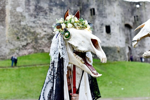 CHEPSTOW, UK. 20 January 2018. Sue Exton from Monmouth. Chepstow Wassail and Mari Lwyd (the Grey Mare) celebrations. It’s a pre-Christian Welsh folk tradition that is said to bring good fortune. © Jessica Gwynne Credit: Jessica Gwynne/Alamy Live News