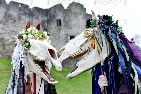 CHEPSTOW, UK. 20 January 2018. Sue Exton and John Exton from Monmouth. Chepstow Wassail and Mari Lwyd (the Grey Mare) celebrations. It’s a pre-Christian Welsh folk tradition that is said to bring good fortune. © Jessica Gwynne Credit: Jessica Gwynne/Alamy Live News