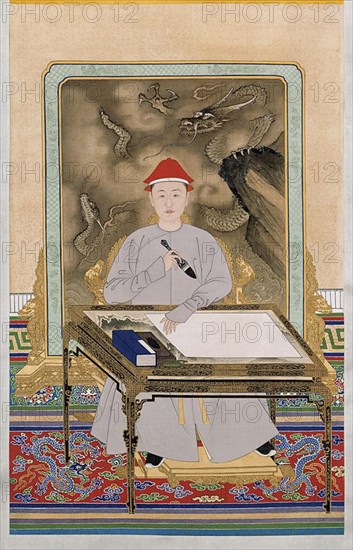 Portrait of the Kangxi Emperor in Informal Dress Holding a Brush. Portrait of the Kangxi Emperor in Informal Dress Holding a Brush . Kangxi period (1662-1722).   1022 Portrait of the Kangxi Emperor in Informal Dress Holding a Brush