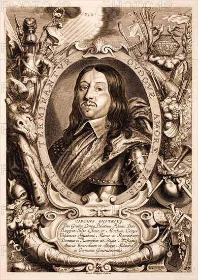 . Français : Charles X Gustave de Suède English: Charles Gustav. By the grace of God, Count Palatine of the Rhine; Duke of Bavaria, Jülich-Cleves, and Berg; Count of Veldenz-Sponheim, and of the Ravensberg Mark; Lord in Ravenstein etc. of the Royal Majesty and Kingdom of Sweden, Generalissimo of the Army and Military State in Germany. Nederlands: Karel Gustaaf. Bij de gratie Gods, Paltsgraaf van de Rijn; Hertog van Beieren, Gulik-Kleef, en Berg; Graaf van Veldenz-Sponheim, en van de Ravensbergermark; Heer in Ravenstein enz. van de Koninklijke Majesteit en Koninkrijk van Zweden, Generalissimo v