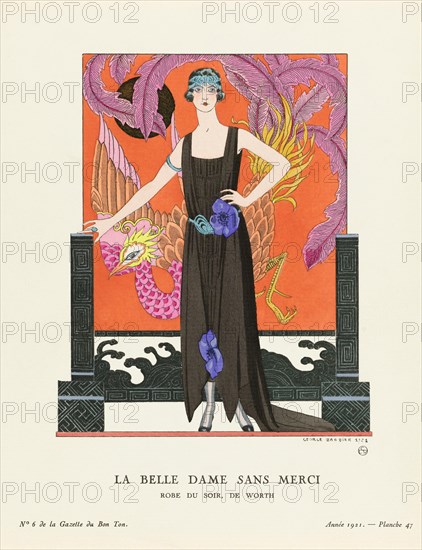 La Belle Dame Sans Merci.  A Beautiful, Merciless Woman. Robe du Soir, de Worth.  Evening dress by Worth.  Art-deco fashion illustration by French artist George Barbier, 1882-1932.  The work was created for the Gazette du Bon Ton, a Parisian fashion magazine published between 1912-1915 and 1919-1925.