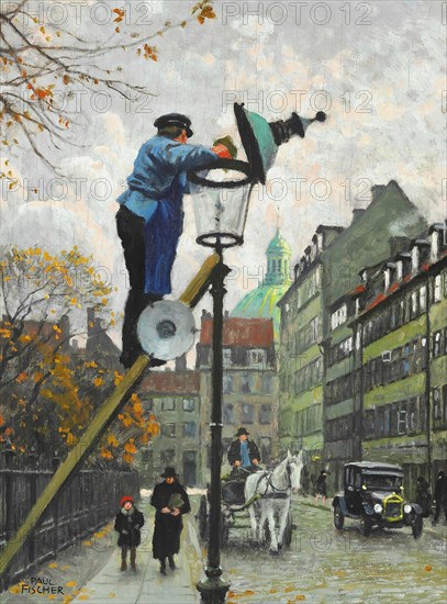 Fischer  Paul Gustave - Lamplighter (Scene from Frederiksstaden with the Dome of Marmorkirken in the Background)