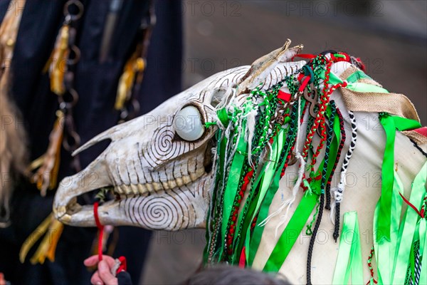 Chepstow, Wales, UK. 19th January 2019. 3pm Saturday 19th January 2019: Chepstow, Wales. The ancient Welsh tradition of Mari Lwyd sees decorated horse skulls  carried from door to door. Morris Dancers and Wassailing followed.