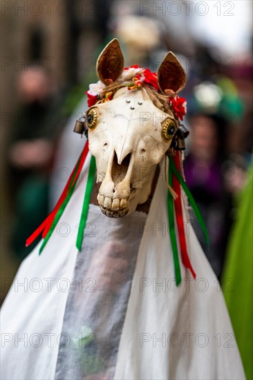 Chepstow, Wales, UK. 19th January 2019. 3pm Saturday 19th January 2019: Chepstow, Wales. The ancient Welsh tradition of Mari Lwyd sees decorated horse skulls  carried from door to door. Morris Dancers and Wassailing followed.