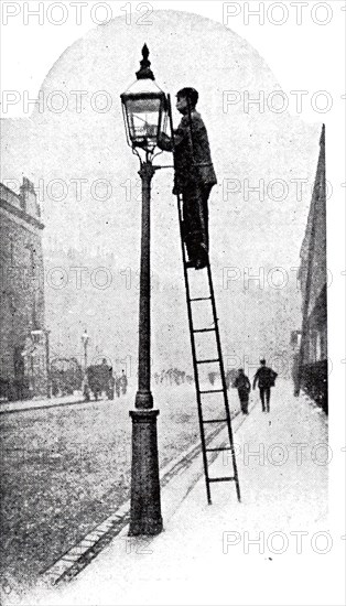 A print depicting a lamplighter lighting the street lamps as the sun begins to set. Dated 19th century