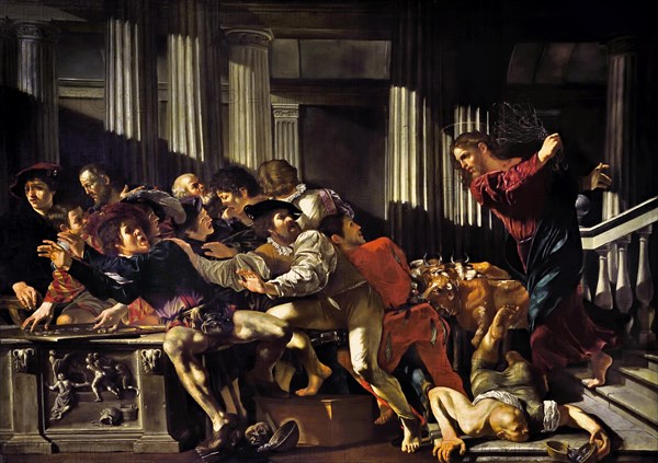 Christ Driving the Merchants from the Temple 1610 by Fransco Boneri. gen, Cecco de Caravaggio,  Italian, Italy, ( Caravaggists, Style of Caravaggio)