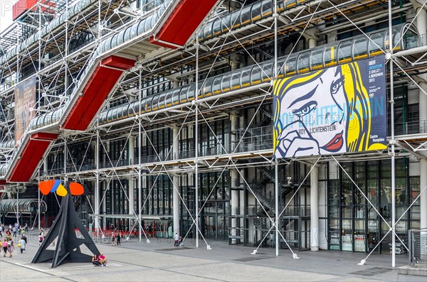 Roy Lichtenstein exhibition display advertising board at the Centre Georges Pompidou, Pompidou Centre, art museum exterior,  Musée National d'Art