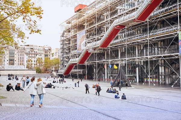 PARIS, FRANCE - October 24, 2017 : Facade of the Centre of Georges Pompidou - modern Art museum, was designed in style of high-tech architecture