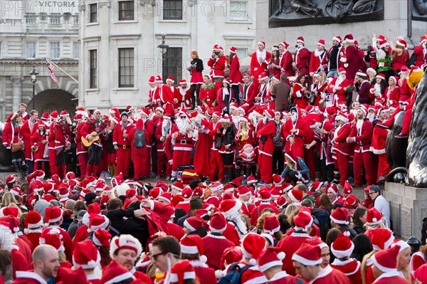 Hundreds of Santas flood Trafalgar Square for the annual, global phenomenon of Santacon. There was carolling and sprout throwing, many takes on the tr