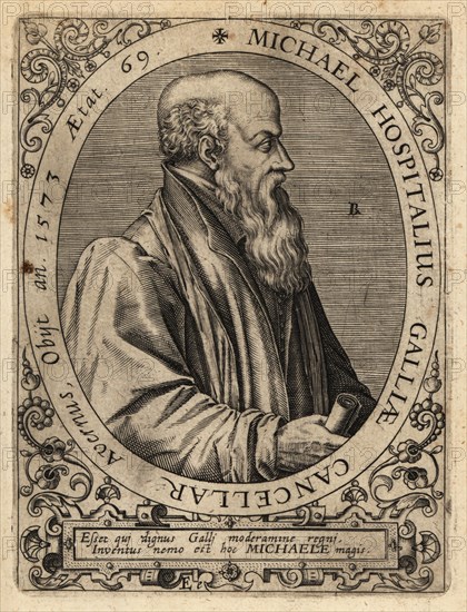 Michel de l'Hopital, 1507-1573, French statesman, ambassador, chancellor, and Latin poet, at age 69. Michael Hospitalius Galliae Cancellar. Copperplate engraving by Johann Theodore de Bry from Jean-Jacques Boissard’s Bibliotheca Chalcographica, Johann Ammonius, Frankfurt, 1650.