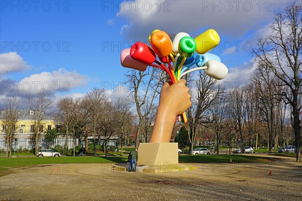 PARIS, FRANCE -20 DEC 2019- View of the sculpture Bouquet of Tulips by Jeff Koons outside the Petit Palais near the Champs-Elysees in Paris, France.