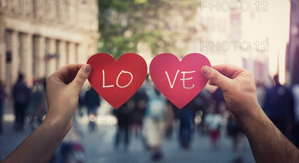 Two hands holding different paper heart symbols, unite them to create the word Love, on a crowded street. Woman and man togetherness concept. Valentin