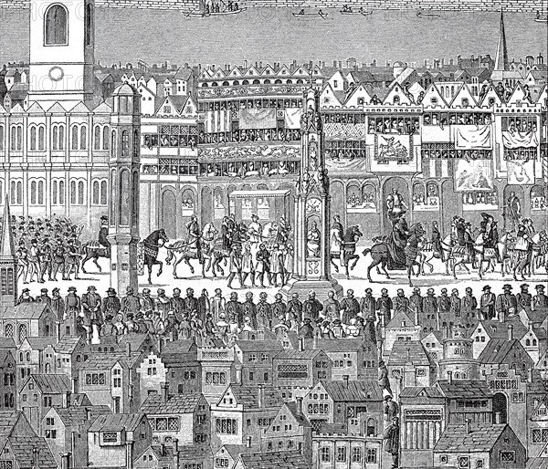 Edward VI, Edward Tudor, October 12, 1537 - July 6, 1553 in Greenwich, was the third monarch of the Tudor dynasty from 1547 to 1553 king of England and Ireland, here the coronation procession from 1547  /  Eduard VI., Edward Tudor, war als dritter Monarch der Tudordynastie von 1547 bis 1553 K+Ânig von England und Irland, hier der Kr+Ânungszug von 1547, Historisch, digital improved reproduction of an original from the 19th century / digitale Reproduktion einer Originalvorlage aus dem 19. Jahrhundert