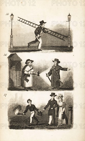 The Lamplighter, Watchman and Link-boy. London lamplighter with ladder and fuse lighting streetlamps 55, watchman in great coat with lantern and rattle 56, and link-boy with torch guiding a couple along a dark alley 57.  Woodcut engraving after an illustration by Isaac Taylor from City Scenes, or a Peep into London, by Ann Taylor and Jane Taylor, published by Harvey and Darton, Gracechurch Street, London, 1828. English sisters Ann and Jane Taylor were prolific Romantic poets and writers of children’s books in the early 19th century.