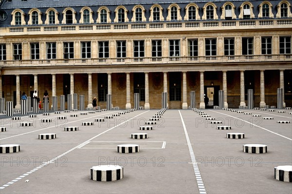 Paris, France - June 19, 2020: Cour d'Honneur in Palais Royal  in Paris, France : Famous Black and white Buren Columns