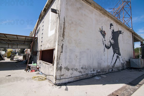 Banksy's famous mural  "Rage, The Flower Thrower (Love Is In The Air)" which is painted on a car wash in a suburb of Betlehem (Palestine)