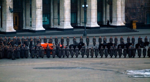 Funeral of Joseph Stalin, caught on camera by US assistant army attaché Major Martin Manhoff from the embassy balcony - Stalin's casket on howitzer carriage draught by horses. 9 March 1953