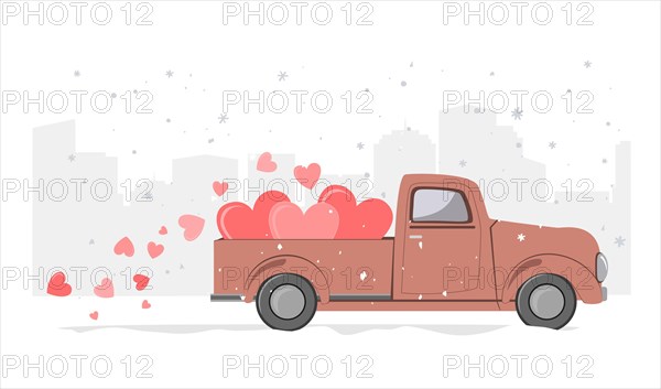 Snowy winter day city background and retro pickup truck with hearts. Card for a Saint Valentine Day. Vector illustration