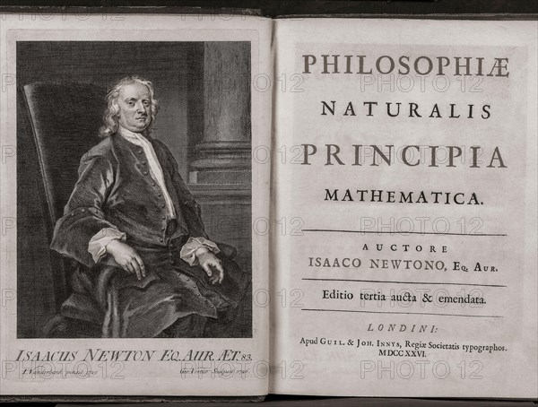 Philosophiæ Naturalis Principia Mathematica, or Mathematical Principles of Natural Philosophy, commonly known as the Principia by Sir Isaac Newton.  Newton published the Principia in three volumes, in Latin, in 1687.  This is the title page of the amended third edition published in 1726, the year of Newton's death.