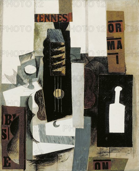 Pablo Picasso. (Spanish, 1881-1973). Glass, Guitar, and Bottle. Paris, early 1913. Oil, pasted paper, gesso, and pencil on canvas.
