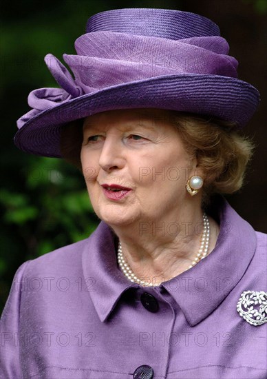 Baroness Margaret Thatcher attends a memorial service commemmorating 25 years since the Falklands conflict at the Falkland Islands Memorial Chapel in Pangbourne, Berkshire.