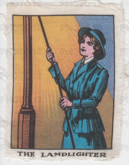 "The lamplighter": One of a series of silk cards portraying First World War women workers given away by the weekly magazine 'The Happy Home' as "charming war souvenirs"