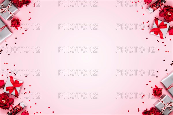 Saint Valentine Day or Mothers day card template, greeting or invitation flat lay for wedding. Top view on pink background with paper gift boxes with red ribbons decorated with heart confetti, shapes