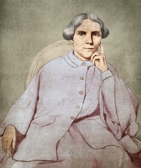 Colorized illustration of British physician Elizabeth Blackwell (3 February 1821 - 31 May 1910), most noteworthy for being the first woman to receive a medical degree in the United States. After a print made from a sketch by the Countess de Charnaccee, 1859.
