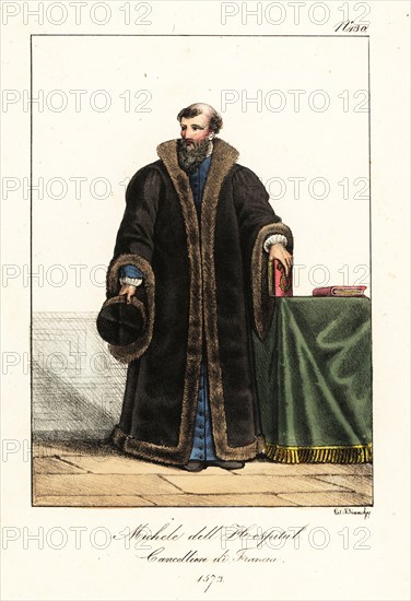 Michel de l'Hôpital, French statesman and Chancellor of France, 1507-1573. In fur-lined velvet cape and fur hat. Michel de l'Hospital. Chancelier de France. Handcoloured lithograph by Lorenzo Bianchi after Hippolyte Lecomte from Costumi civili e militari della monarchia francese dal 1200 al 1820, Naples, 1825. Italian edition of Lecomte’s Civilian and military costumes of the French monarchy from 1200 to 1820.