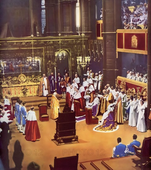 His Majesty King George VI (1895-1952), being asked to swear his coronation oath. George VI's coronation took place on 12th May 1937 at Westminster Abbey, the date previously intended for his brother Edward VIII's coronation.